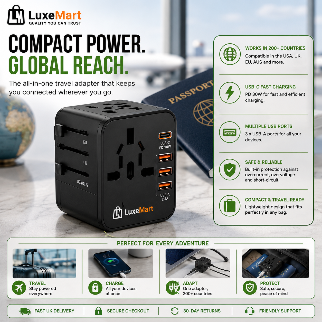 LuxeMart Universal Travel Adapter with USB-C Fast Charging