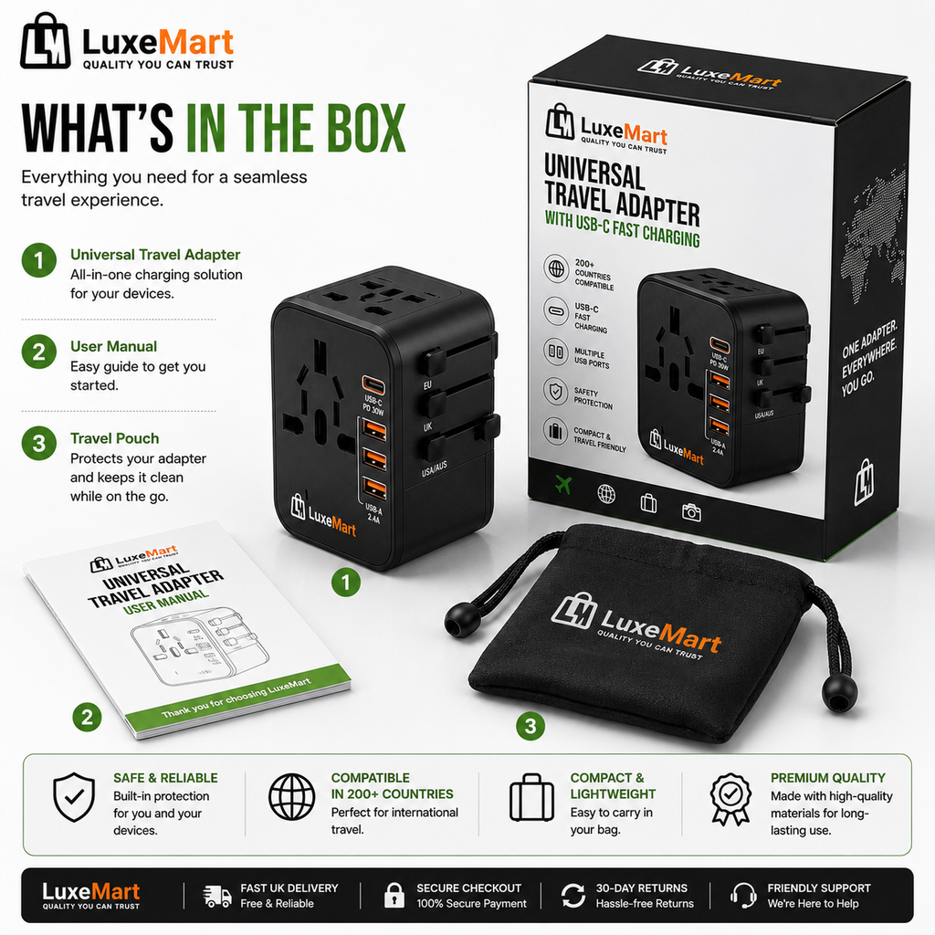 LuxeMart Universal Travel Adapter with USB-C Fast Charging