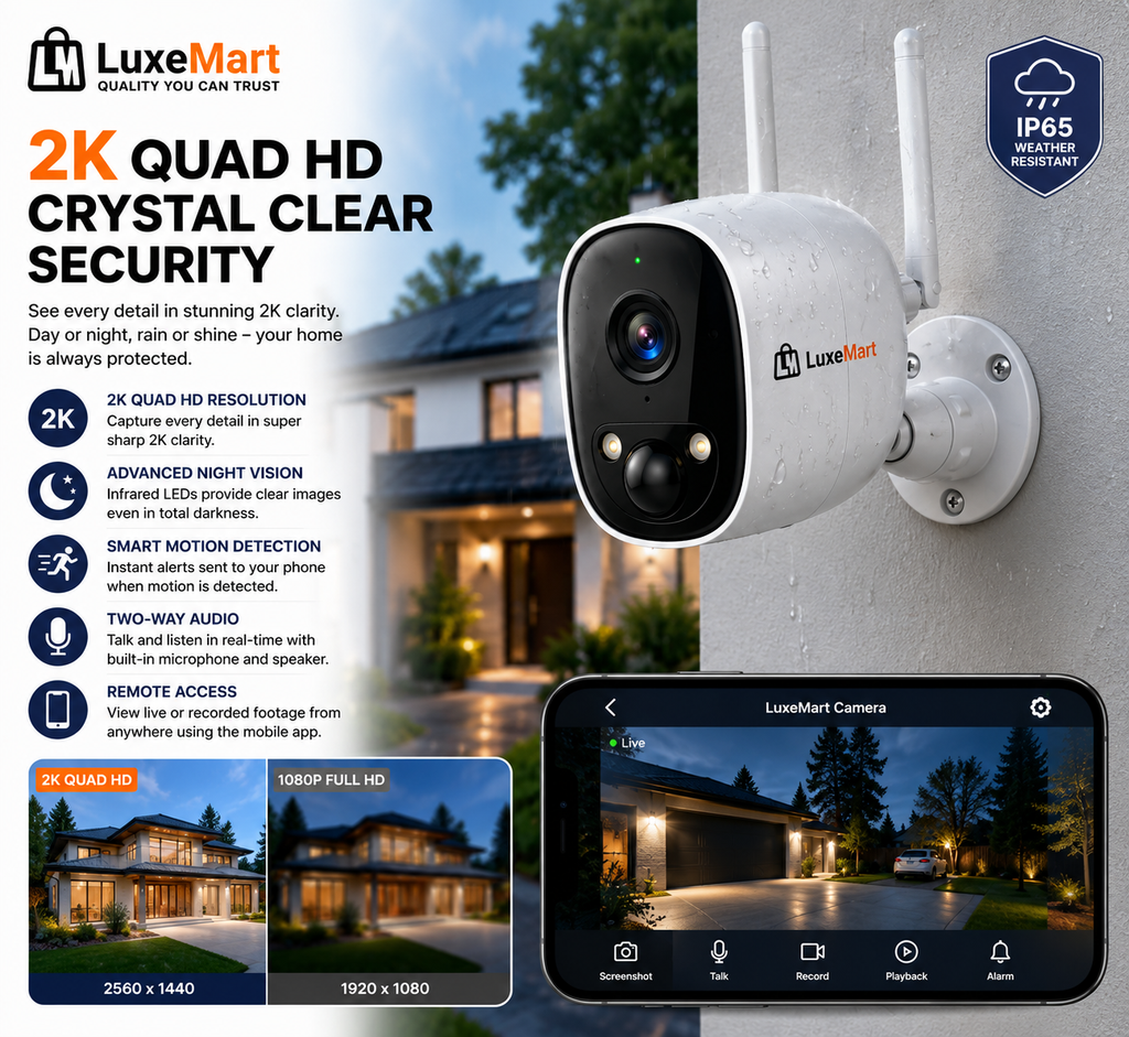 LuxeMart 2K Smart Wi-Fi Security Camera with Night Vision