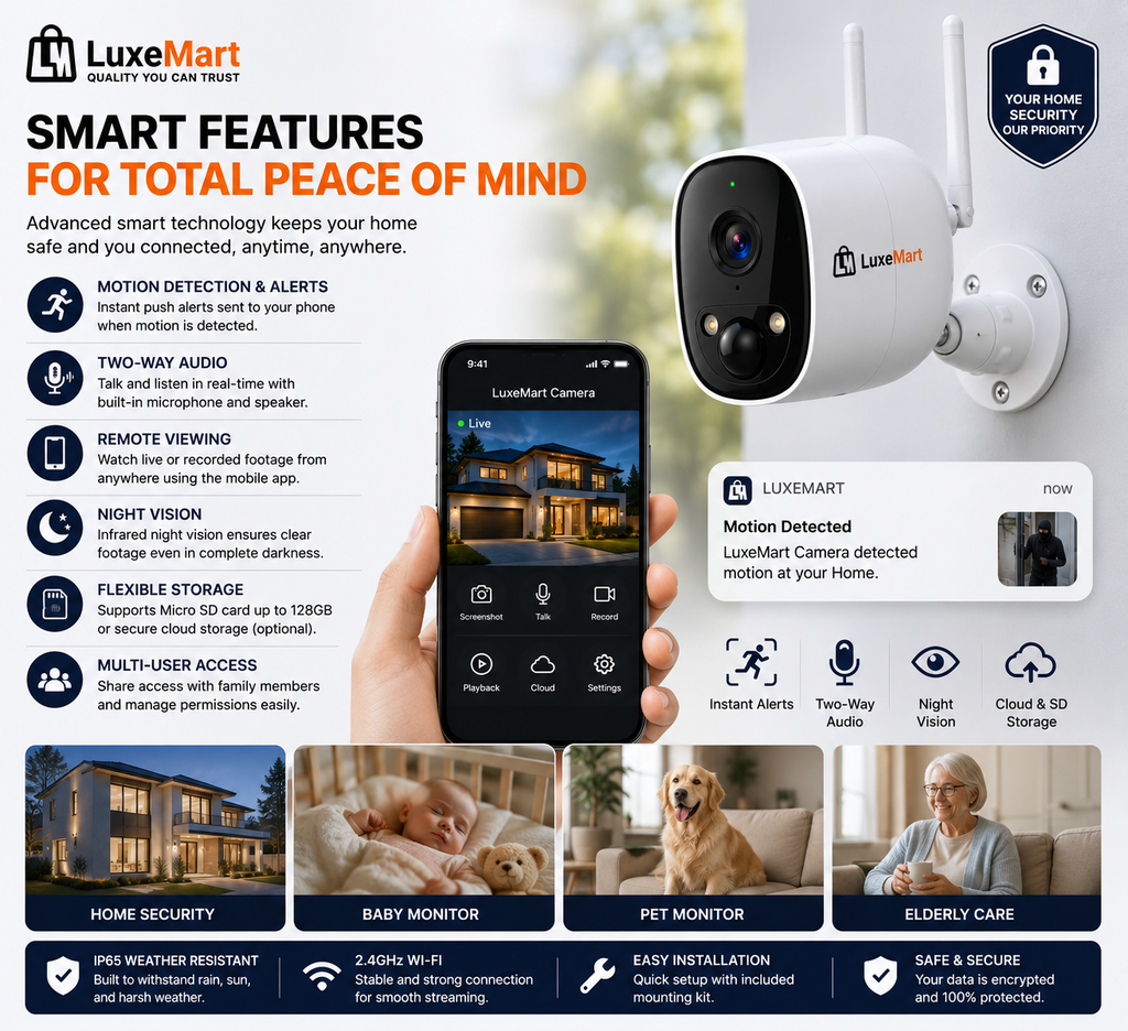 LuxeMart 2K Smart Wi-Fi Security Camera with Night Vision