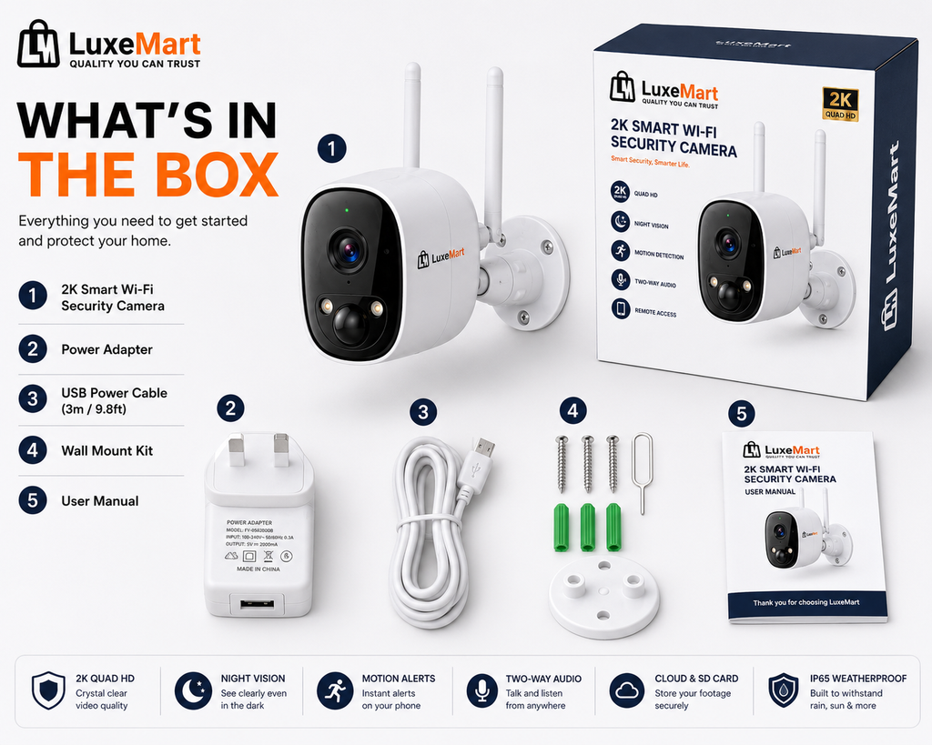 LuxeMart 2K Smart Wi-Fi Security Camera with Night Vision