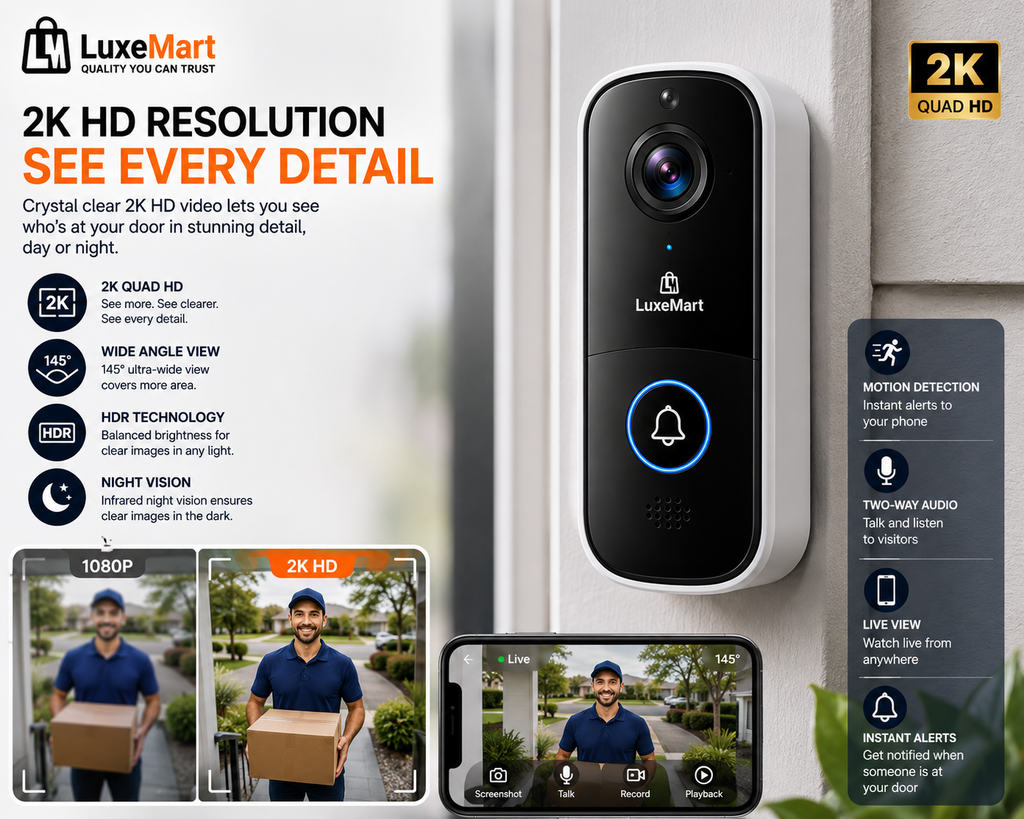 LuxeMart Smart Wireless Video Doorbell Camera with 2K HD & Two-Way Audio