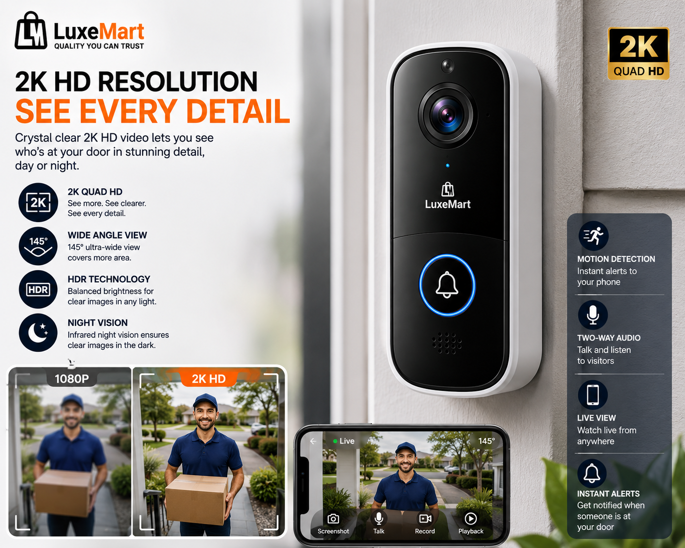 LuxeMart Smart Wireless Video Doorbell Camera with 2K HD & Two-Way Audio