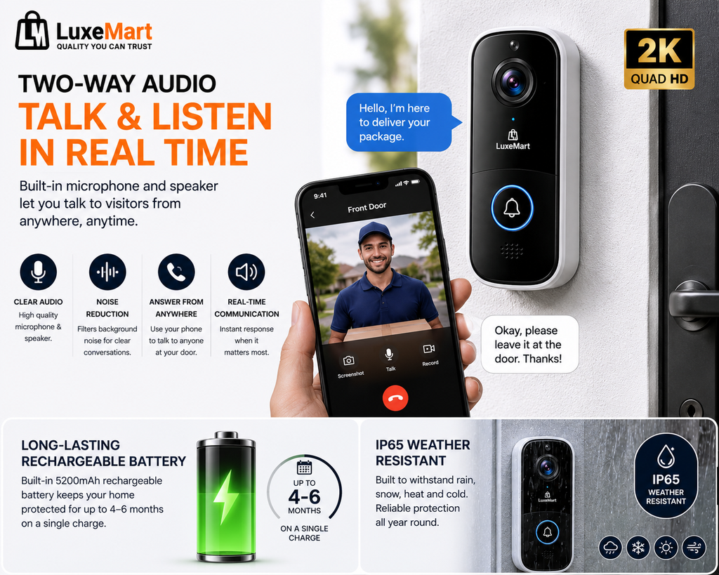 LuxeMart Smart Wireless Video Doorbell Camera with 2K HD & Two-Way Audio