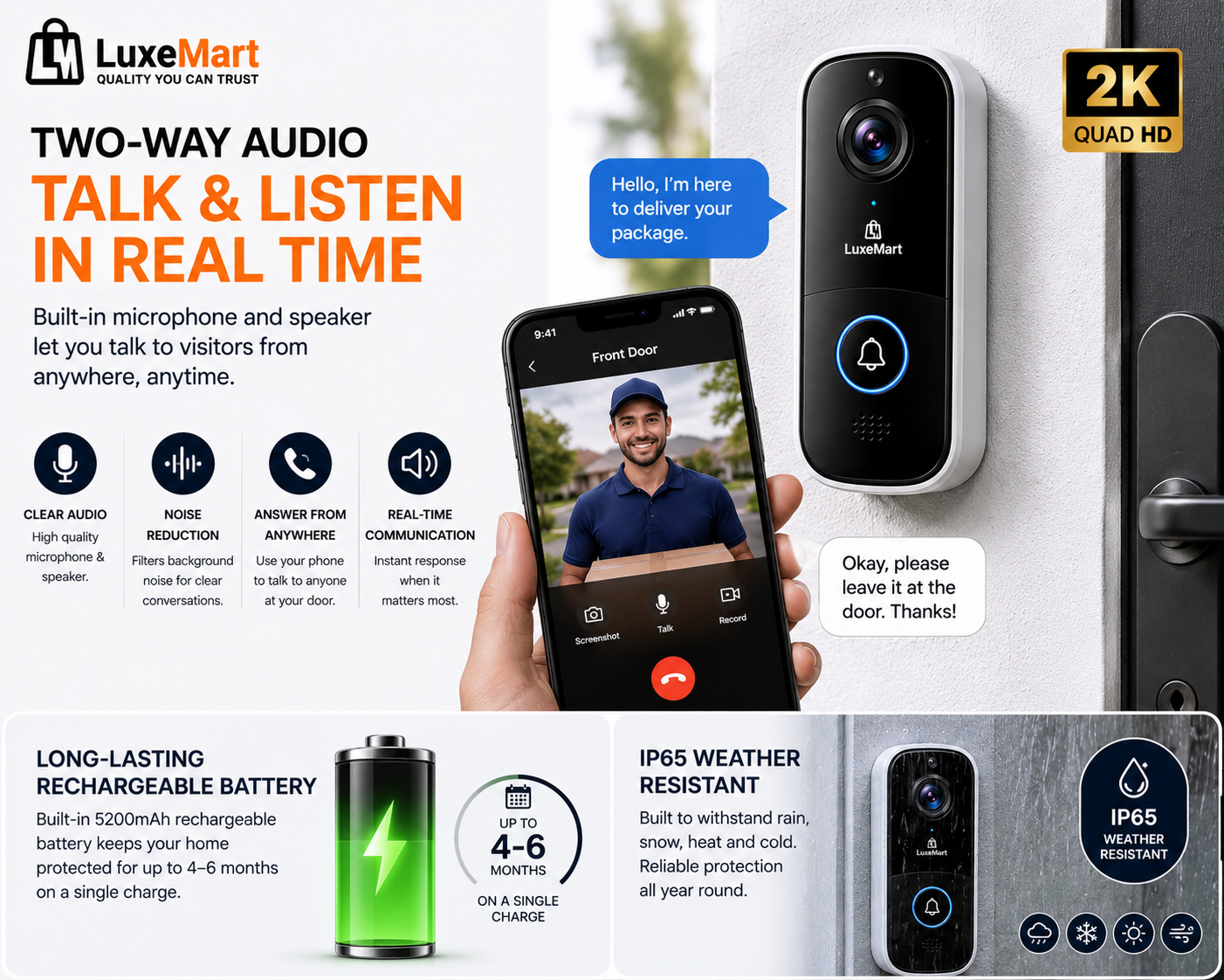 LuxeMart Smart Wireless Video Doorbell Camera with 2K HD & Two-Way Audio
