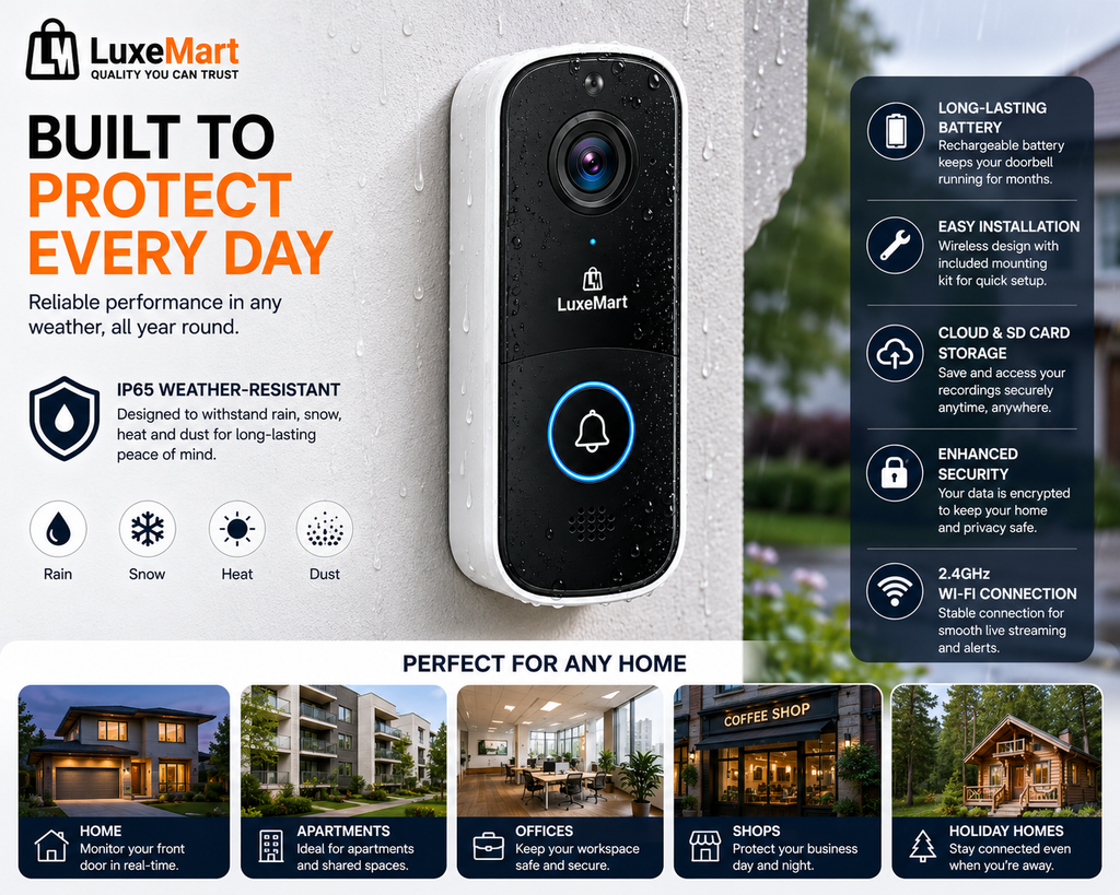 LuxeMart Smart Wireless Video Doorbell Camera with 2K HD & Two-Way Audio