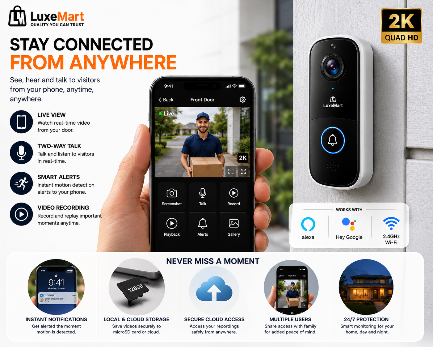 LuxeMart Smart Wireless Video Doorbell Camera with 2K HD & Two-Way Audio
