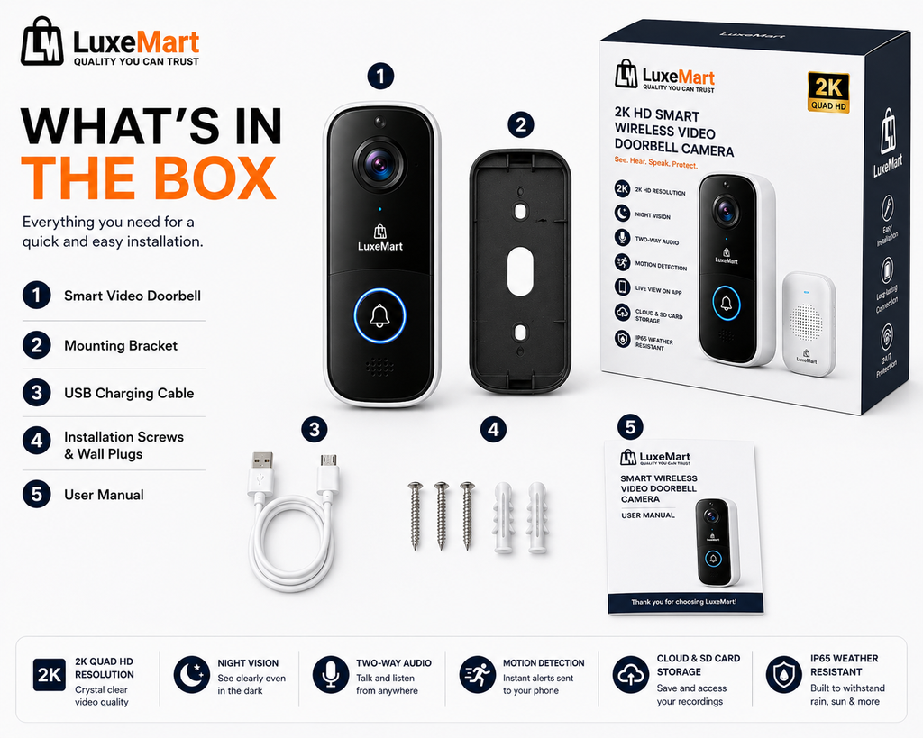 LuxeMart Smart Wireless Video Doorbell Camera with 2K HD & Two-Way Audio