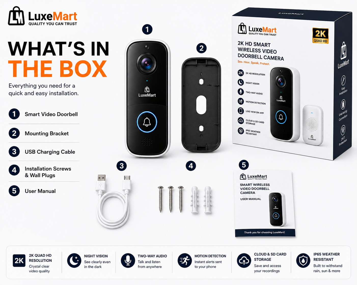 LuxeMart Smart Wireless Video Doorbell Camera with 2K HD & Two-Way Audio
