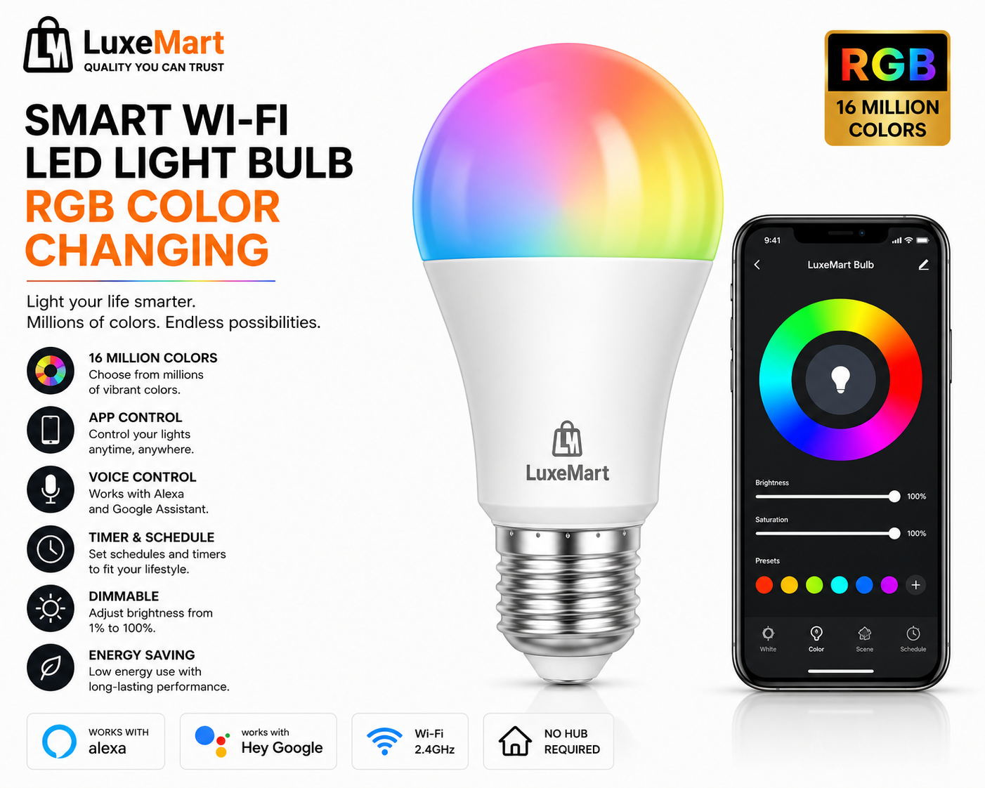 LuxeMart Smart Wi-Fi LED Light Bulb – RGB Color Changing, Voice Control