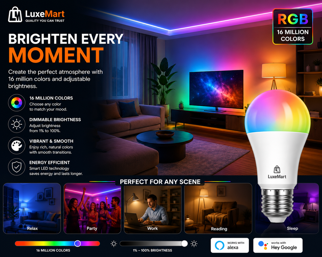 LuxeMart Smart Wi-Fi LED Light Bulb – RGB Color Changing, Voice Control