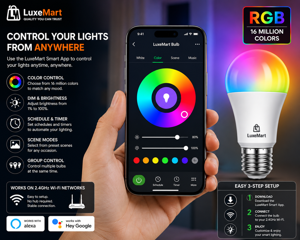 LuxeMart Smart Wi-Fi LED Light Bulb – RGB Color Changing, Voice Control