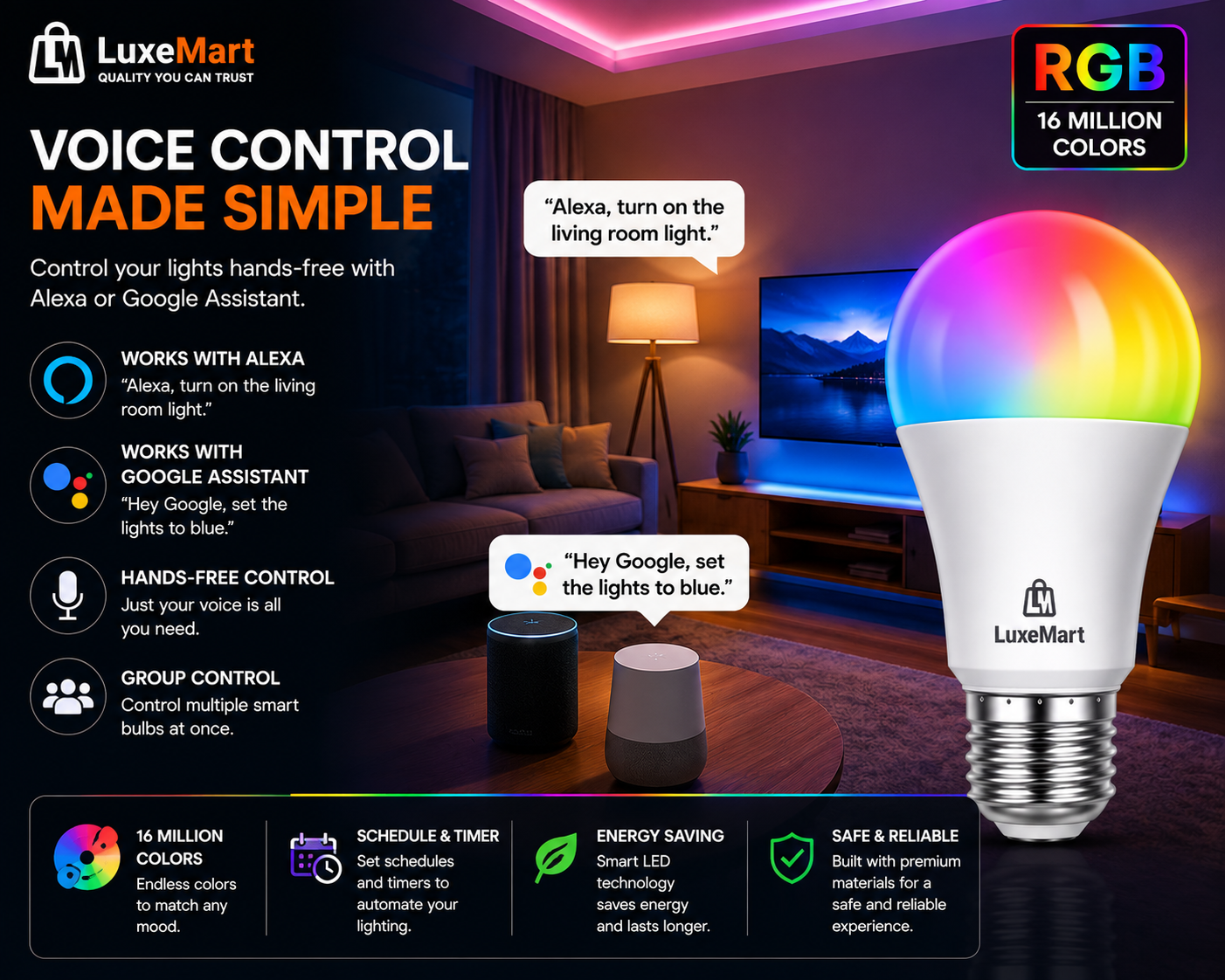LuxeMart Smart Wi-Fi LED Light Bulb – RGB Color Changing, Voice Control