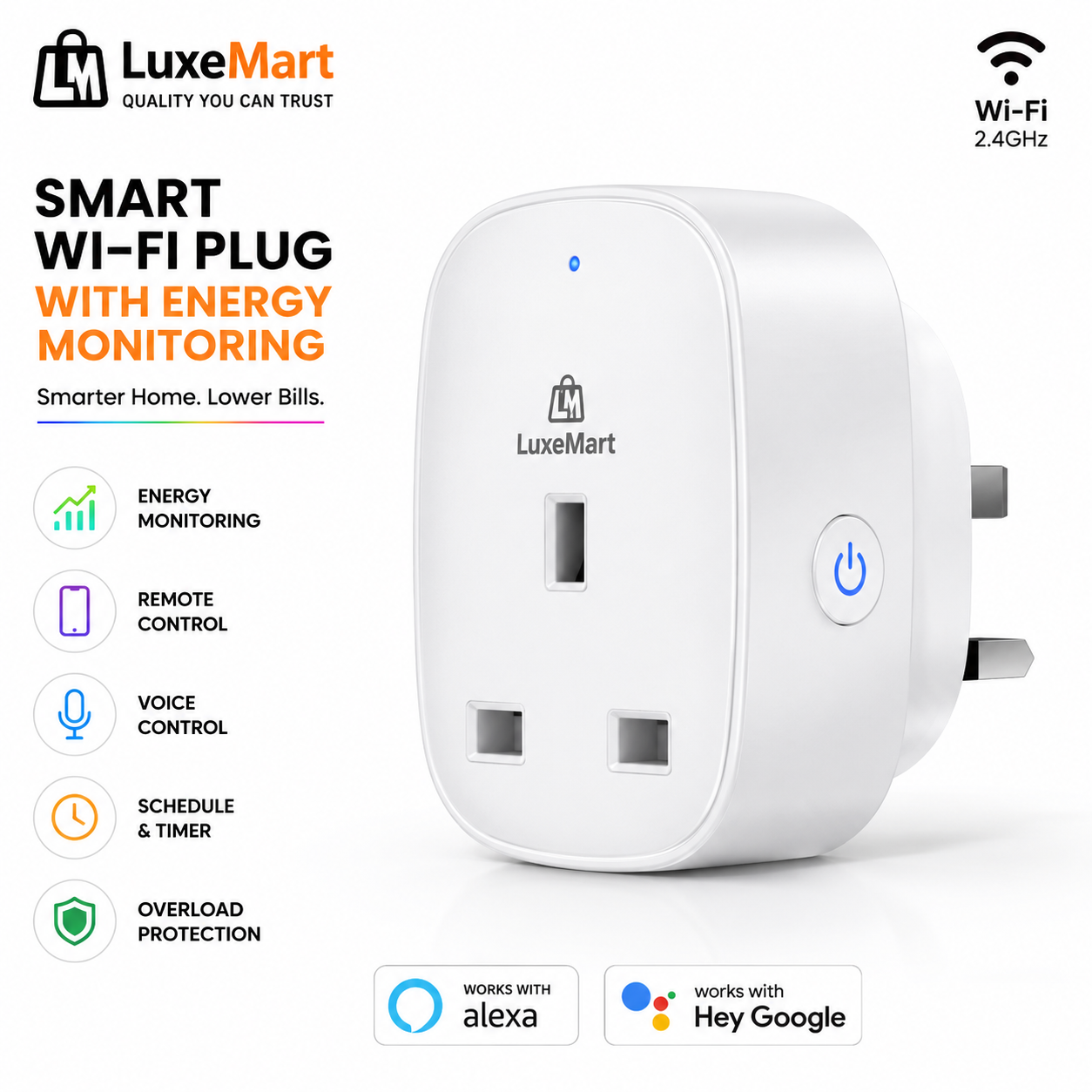 LuxeMart Smart Wi-Fi Plug with Energy Monitoring & Voice Control