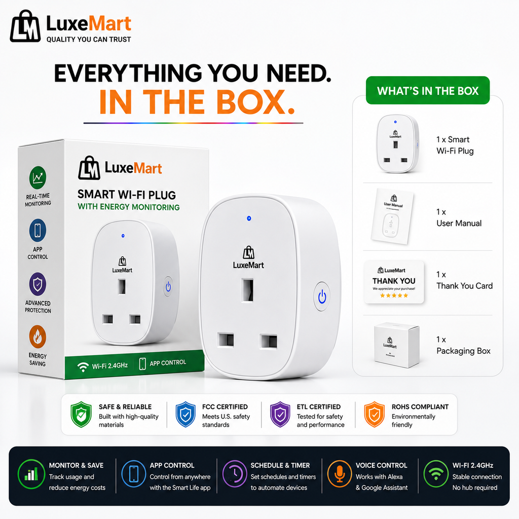 LuxeMart Smart Wi-Fi Plug with Energy Monitoring & Voice Control