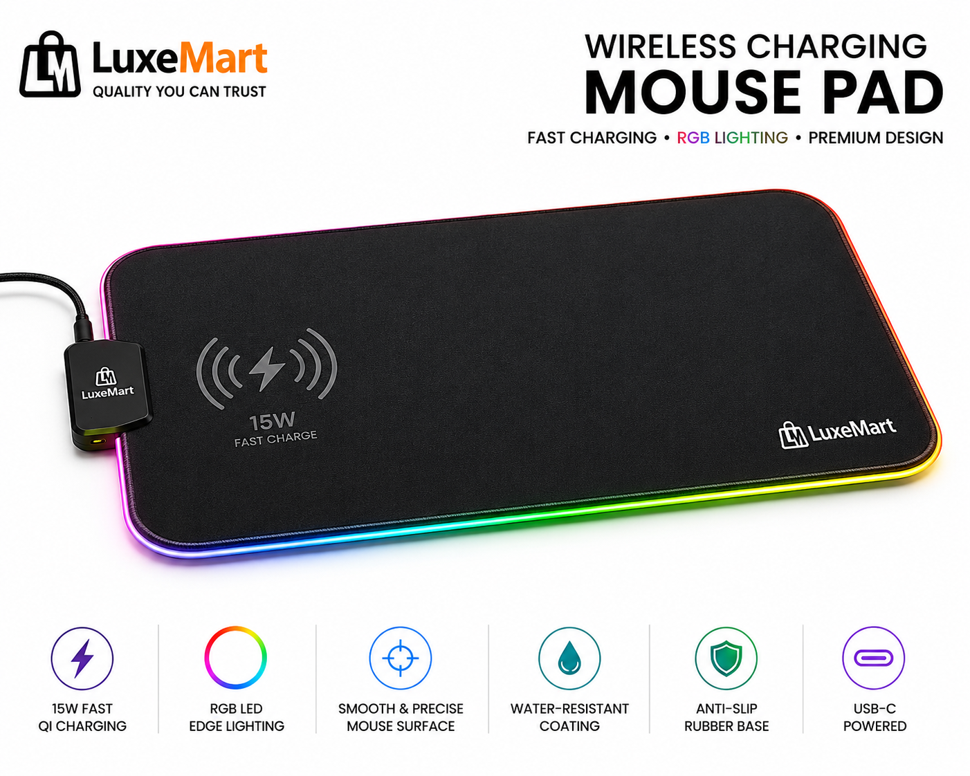 LuxeMart Wireless Charging Mouse Pad with Fast Qi Charging & RGB Edge Lighting