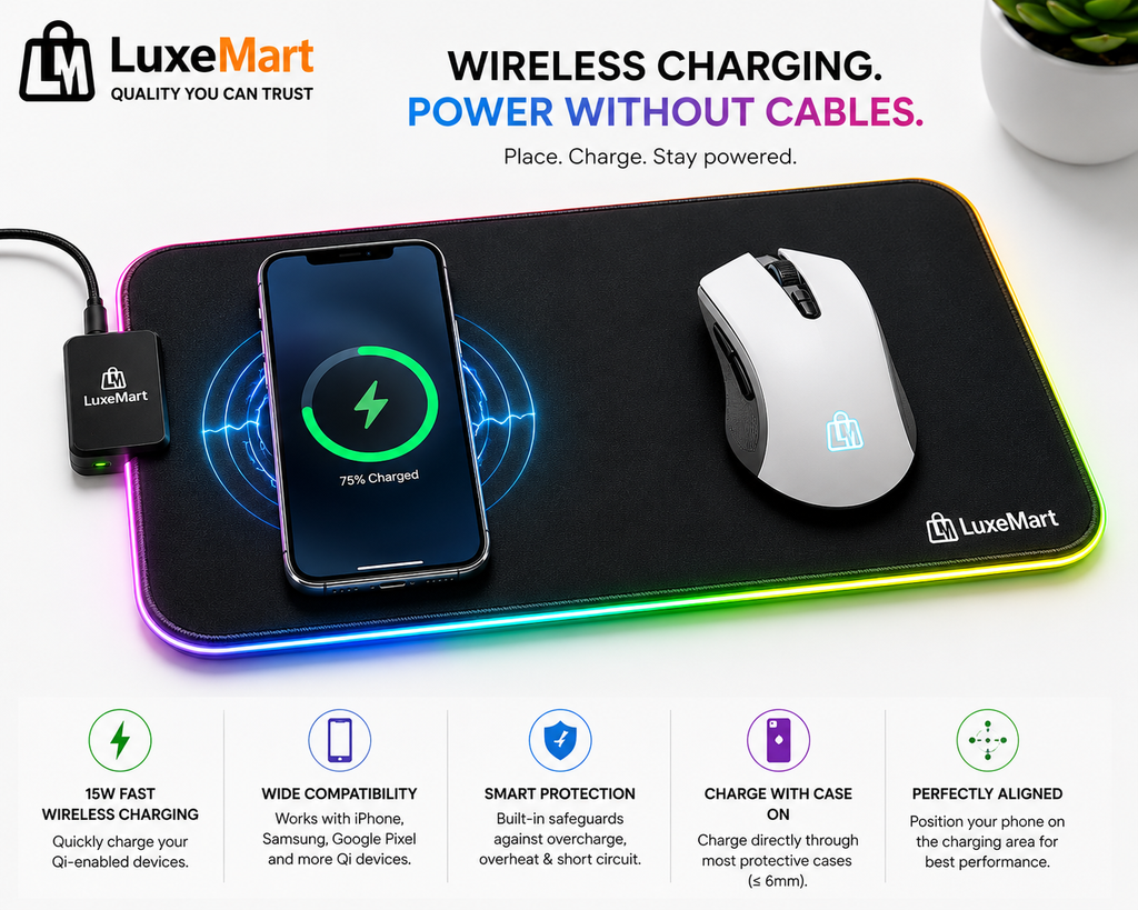 LuxeMart Wireless Charging Mouse Pad with Fast Qi Charging & RGB Edge Lighting