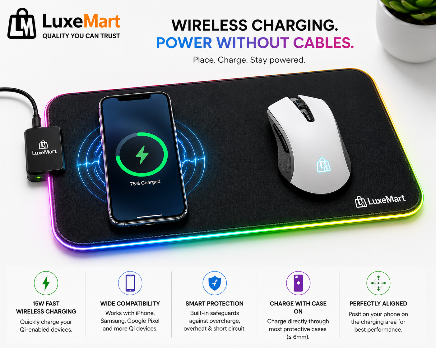 LuxeMart Wireless Charging Mouse Pad with Fast Qi Charging & RGB Edge Lighting