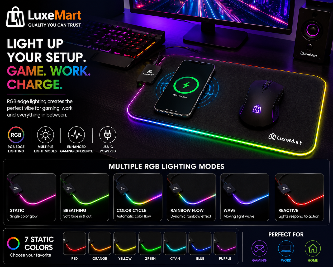 LuxeMart Wireless Charging Mouse Pad with Fast Qi Charging & RGB Edge Lighting