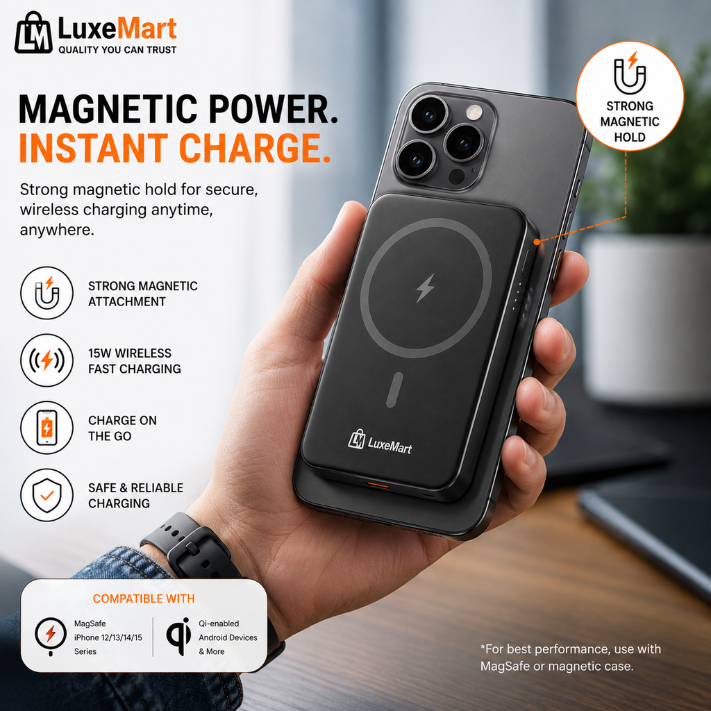 LuxeMart 10,000mAh Magnetic Wireless Power Bank with 20W Fast Charging
