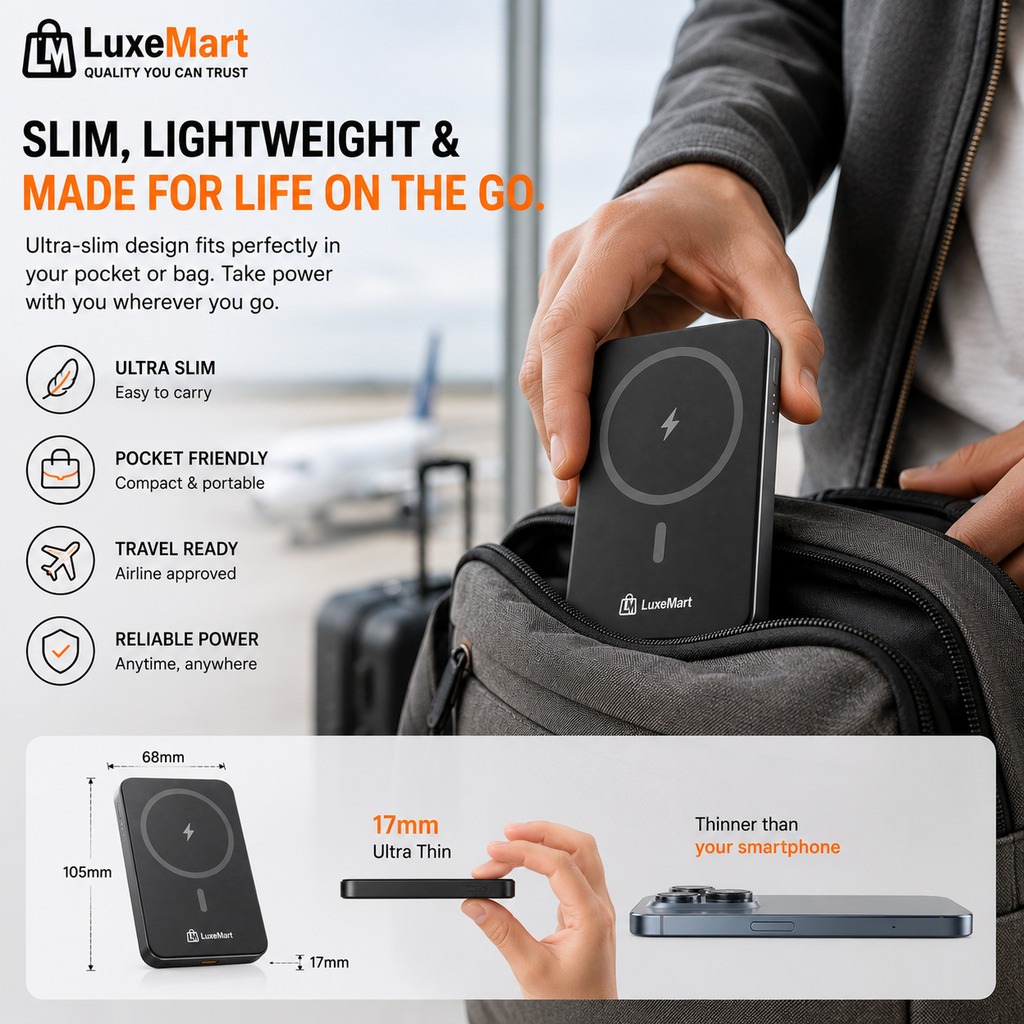 LuxeMart 10,000mAh Magnetic Wireless Power Bank with 20W Fast Charging