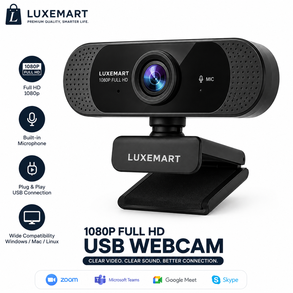 LuxeMart 1080p Full HD USB Webcam with Noise-Reducing Microphone
