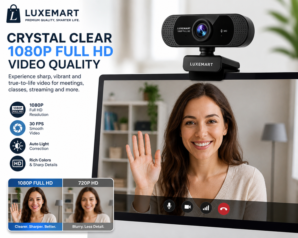 LuxeMart 1080p Full HD USB Webcam with Noise-Reducing Microphone