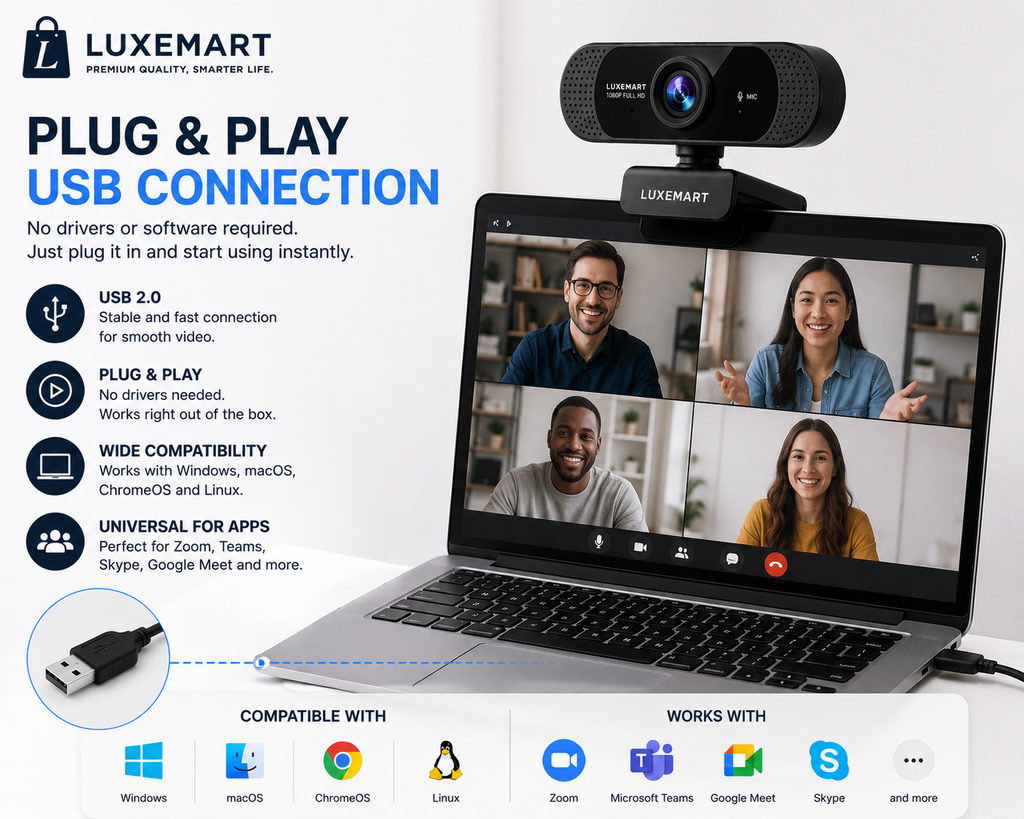 LuxeMart 1080p Full HD USB Webcam with Noise-Reducing Microphone