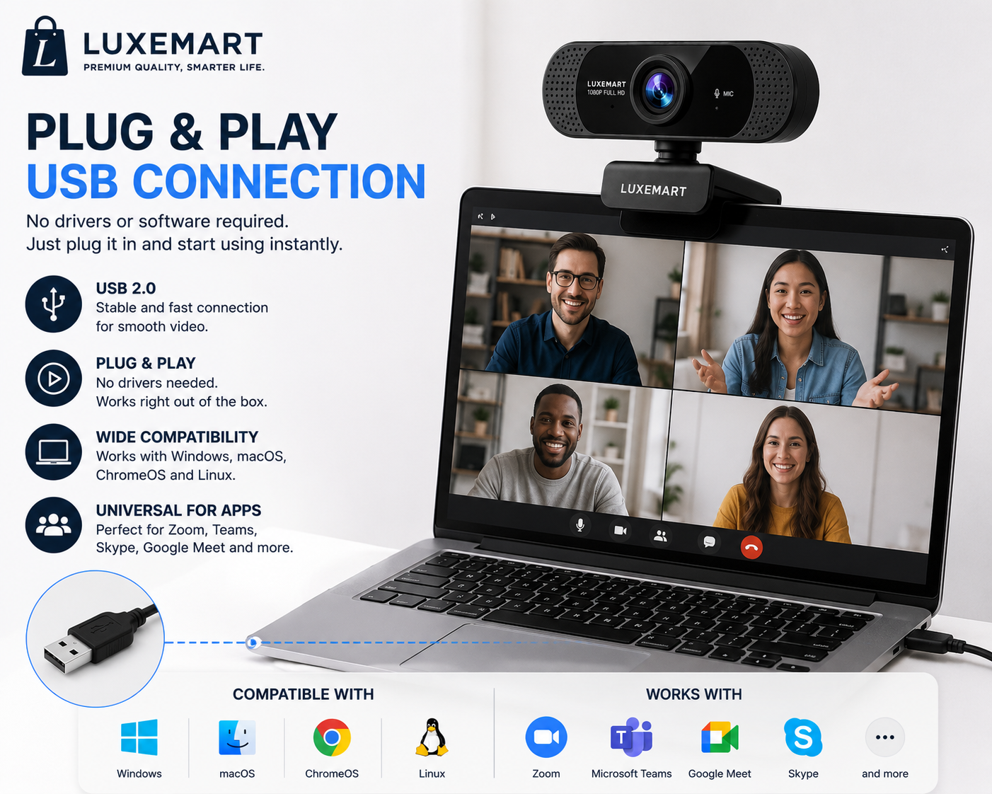 LuxeMart 1080p Full HD USB Webcam with Noise-Reducing Microphone