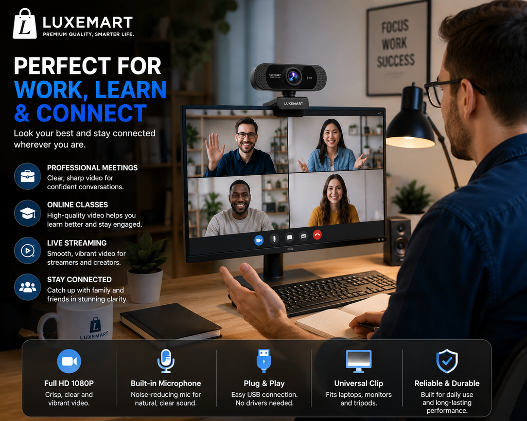 LuxeMart 1080p Full HD USB Webcam with Noise-Reducing Microphone