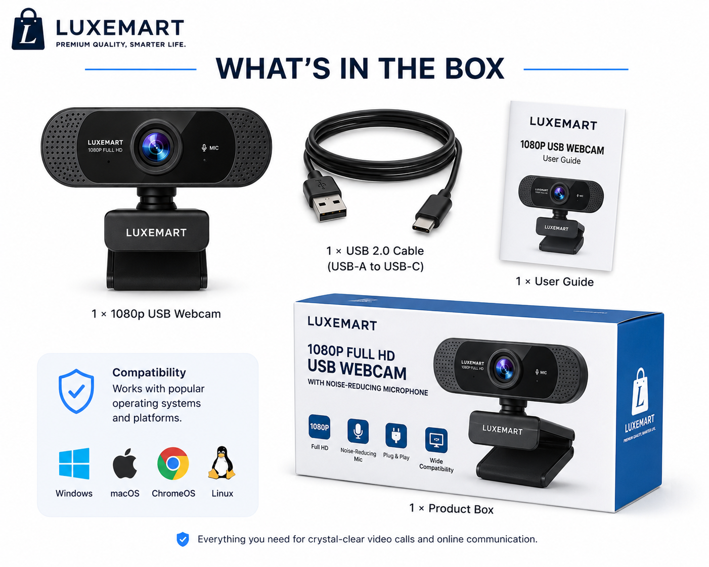 LuxeMart 1080p Full HD USB Webcam with Noise-Reducing Microphone