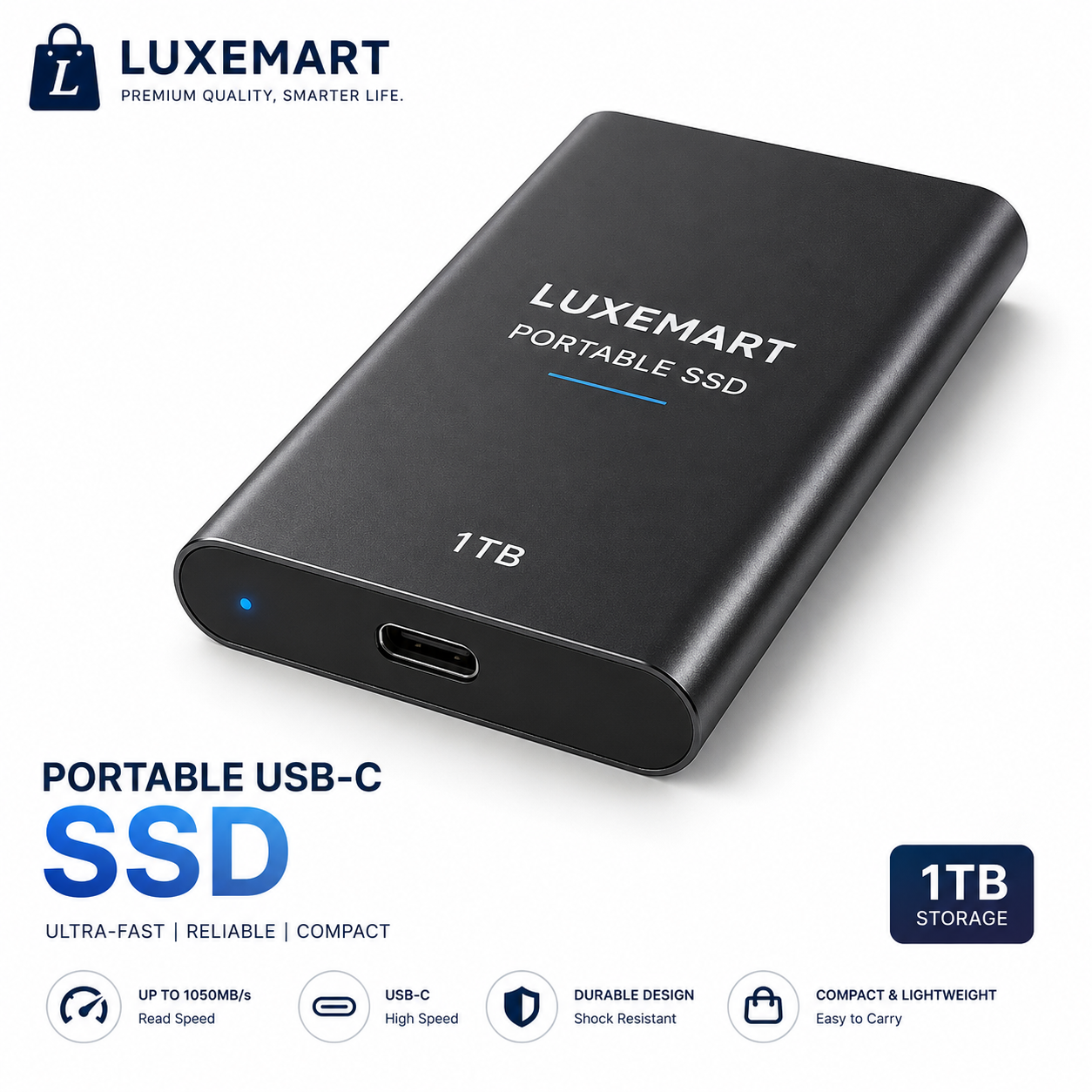 LuxeMart Portable USB-C External SSD – Ultra-Fast High-Speed Storage