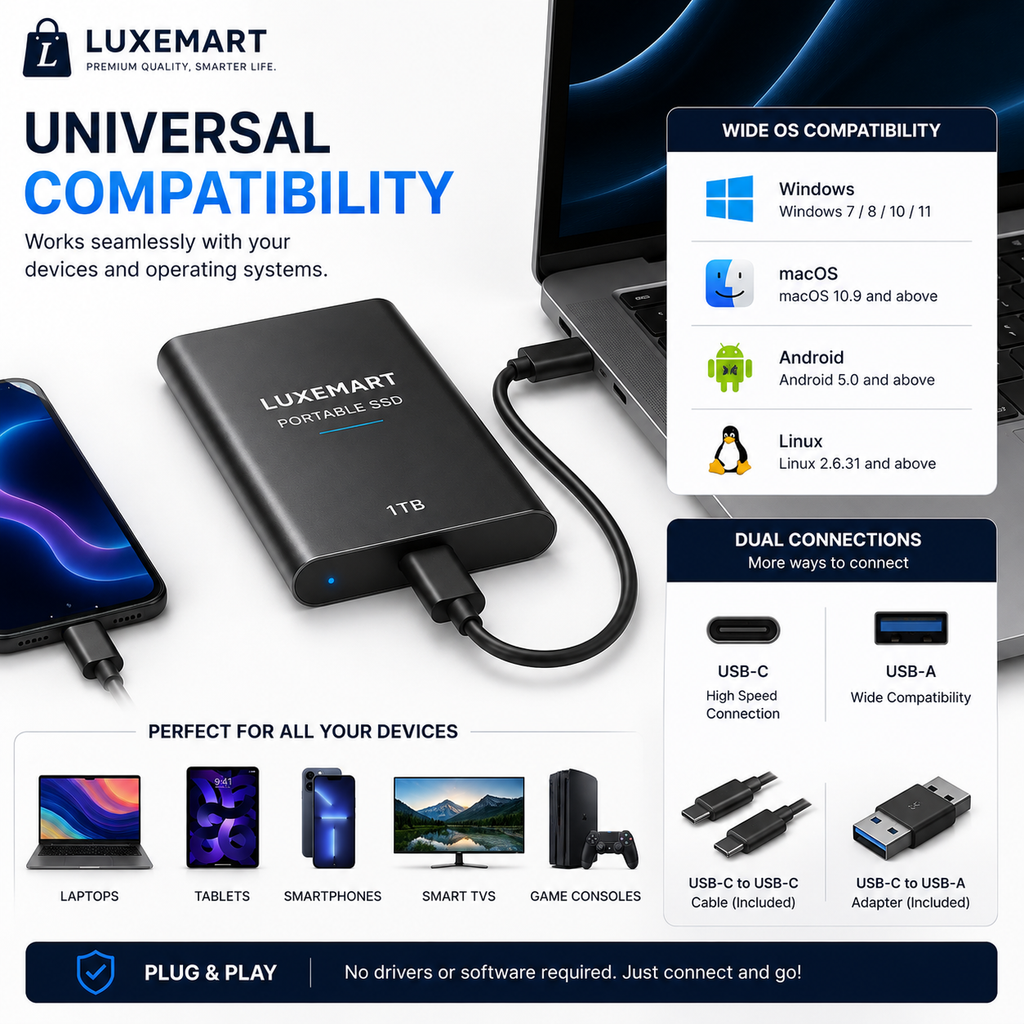 LuxeMart Portable USB-C External SSD – Ultra-Fast High-Speed Storage