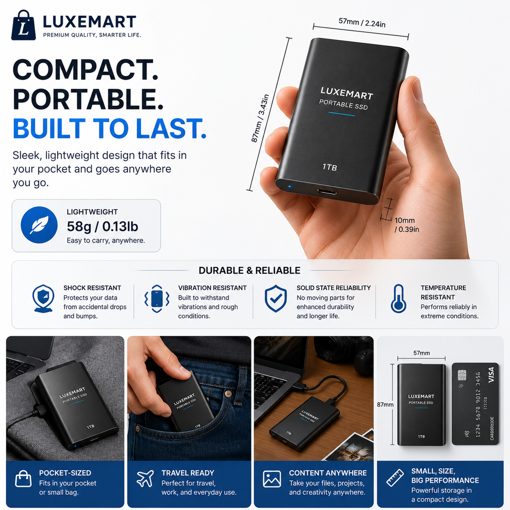 LuxeMart Portable USB-C External SSD – Ultra-Fast High-Speed Storage