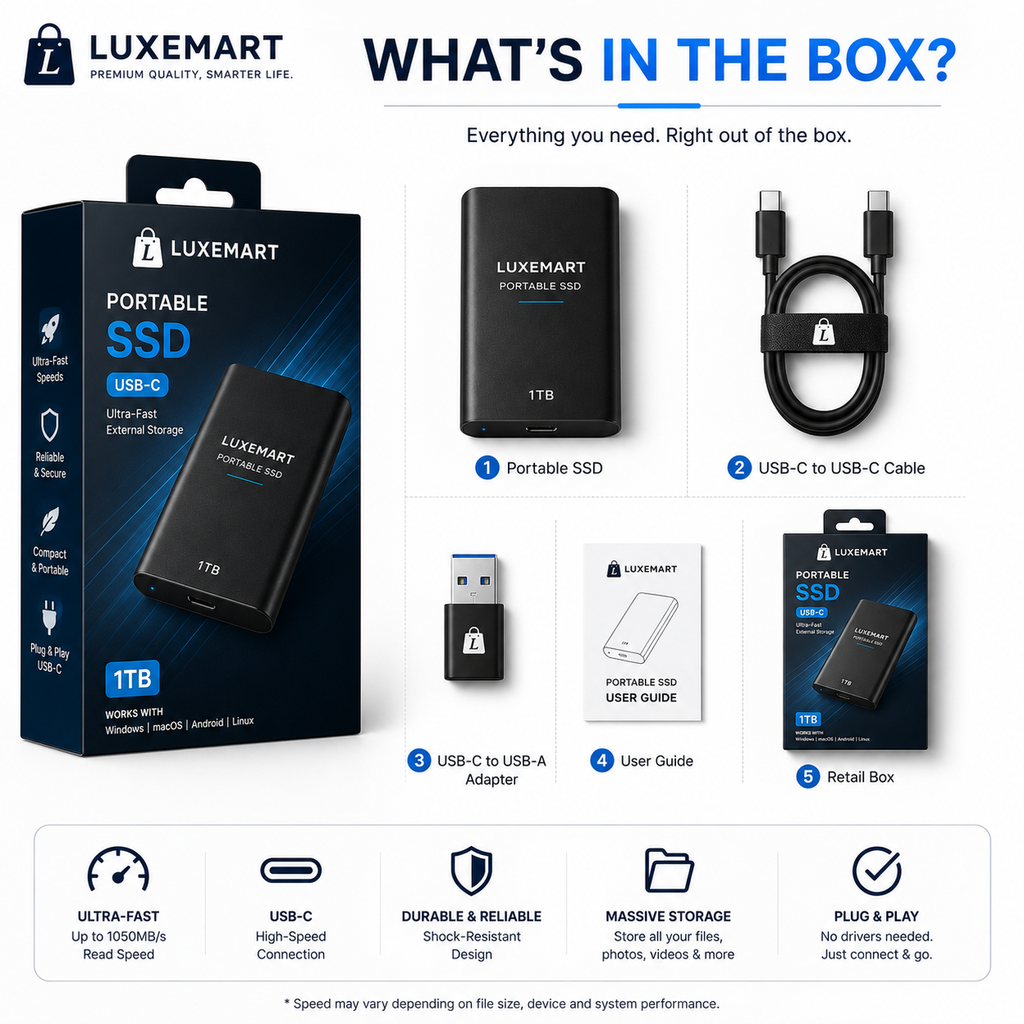 LuxeMart Portable USB-C External SSD – Ultra-Fast High-Speed Storage