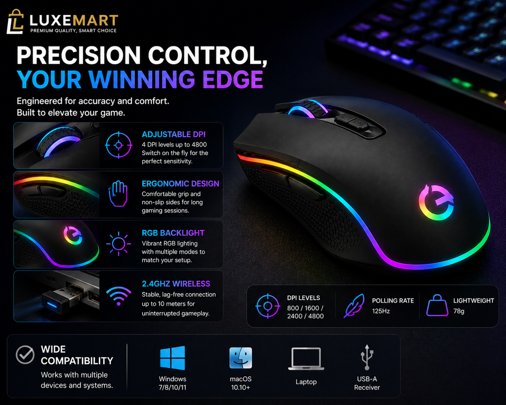 Wireless Gaming Mouse – 2.4GHz Rechargeable RGB Mouse for PC & Laptop