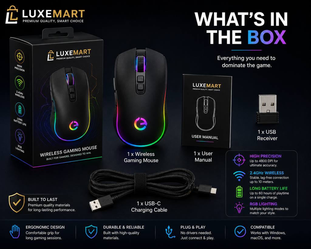 Wireless Gaming Mouse – 2.4GHz Rechargeable RGB Mouse for PC & Laptop