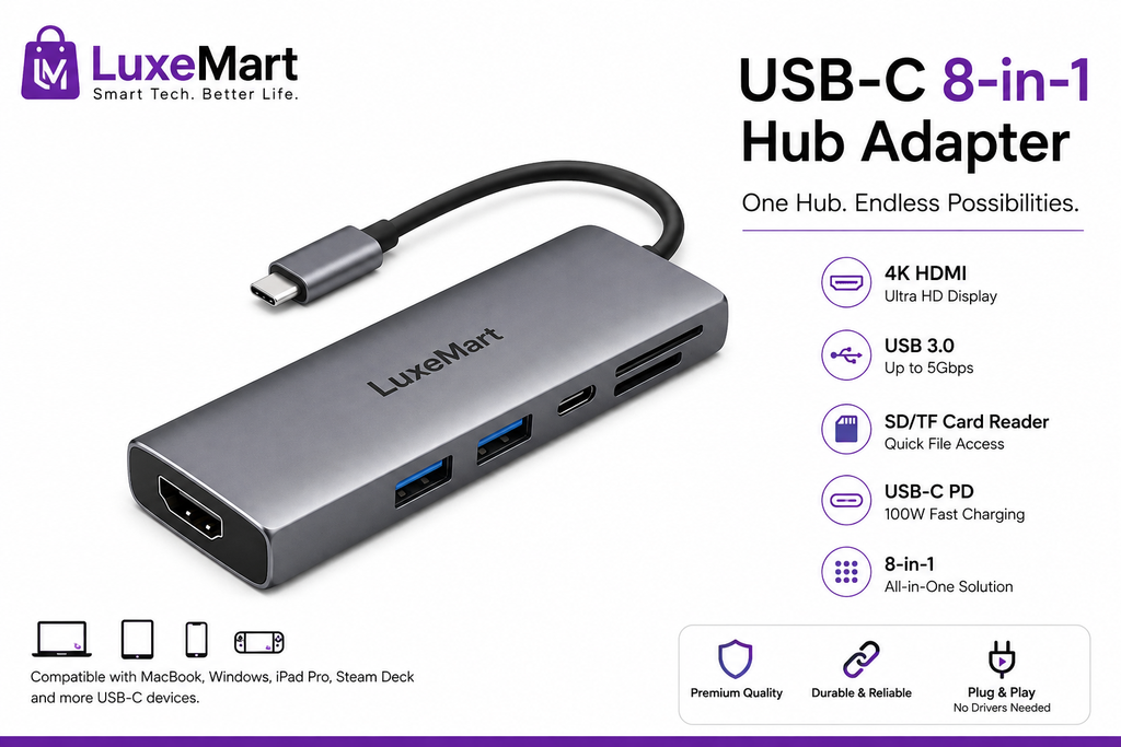 USB-C 8-in-1 Hub Adapter – HDMI, USB 3.0, SD/TF Card Reader & PD Charging