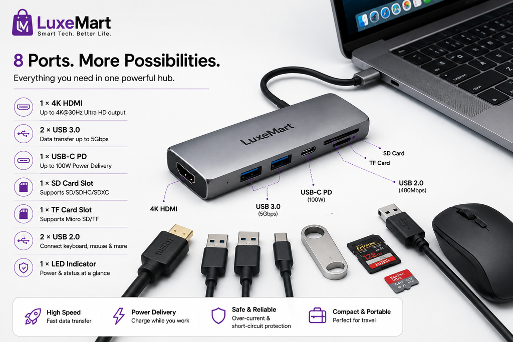 USB-C 8-in-1 Hub Adapter – HDMI, USB 3.0, SD/TF Card Reader & PD Charging