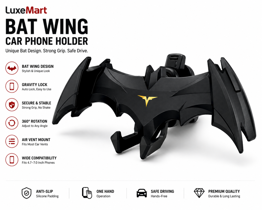 LuxeMart Bat Wing Car Phone Holder – Gravity Air Vent Mount for Smartphones