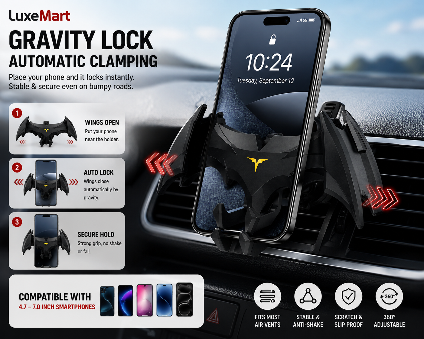 LuxeMart Bat Wing Car Phone Holder – Gravity Air Vent Mount for Smartphones