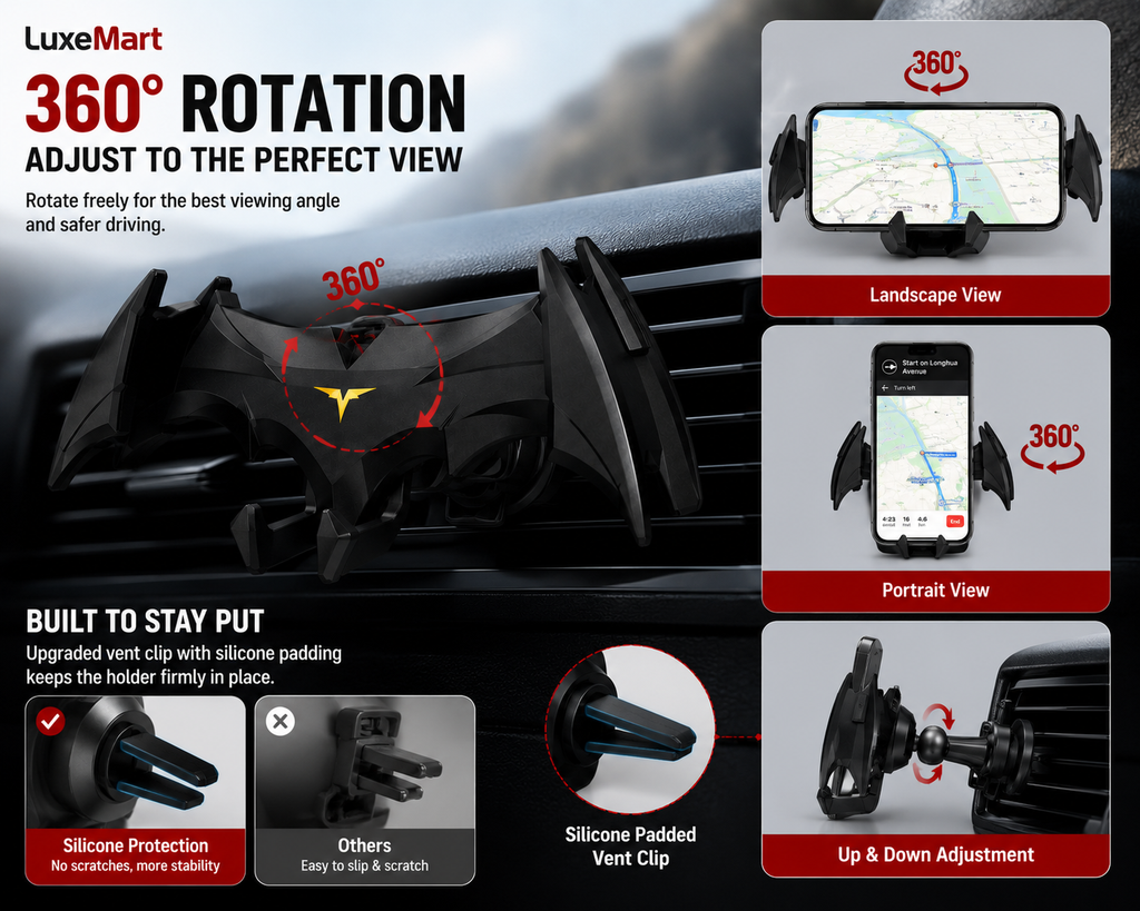 LuxeMart Bat Wing Car Phone Holder – Gravity Air Vent Mount for Smartphones