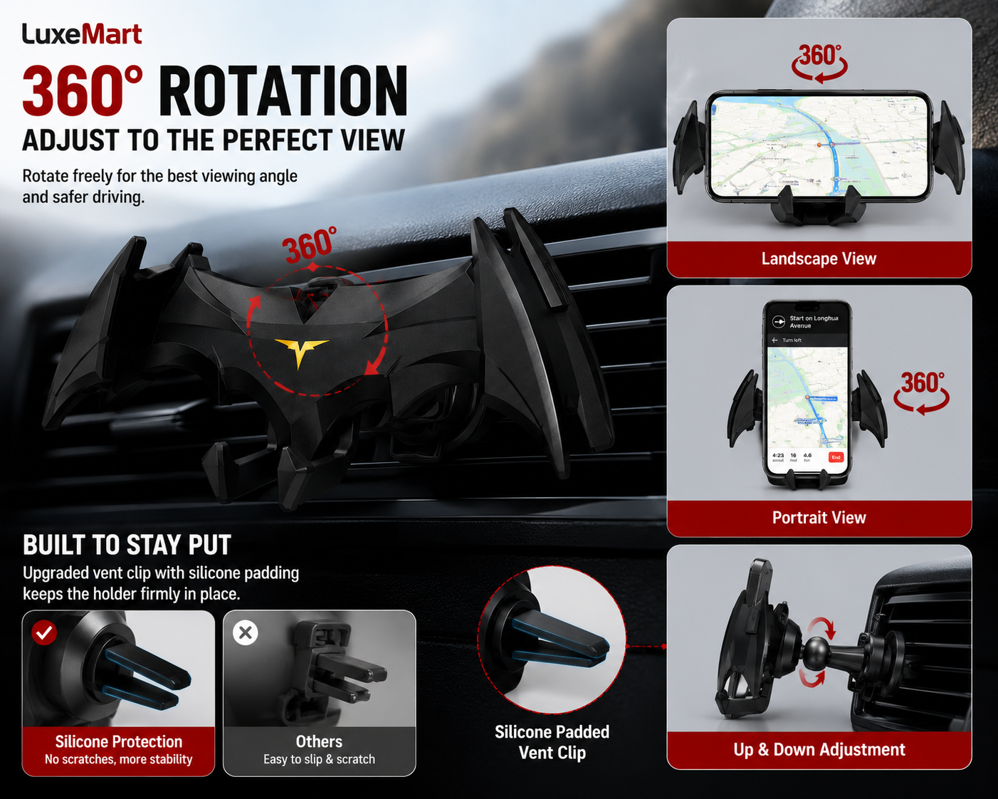 LuxeMart Bat Wing Car Phone Holder – Gravity Air Vent Mount for Smartphones