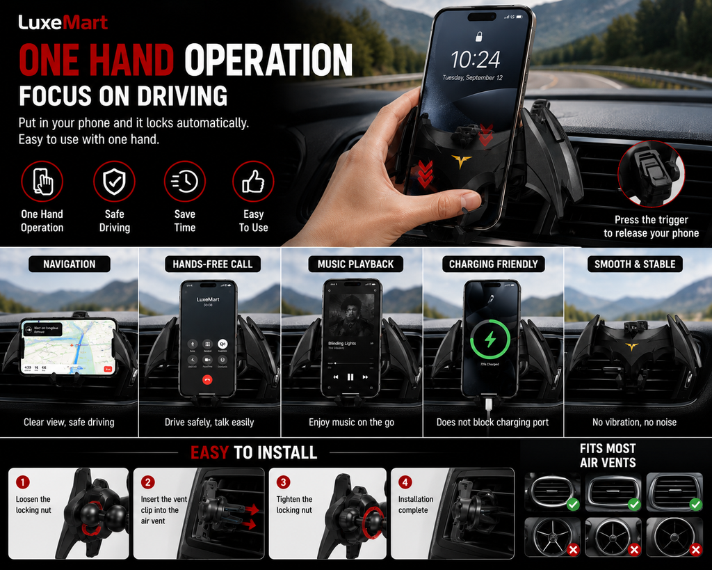 LuxeMart Bat Wing Car Phone Holder – Gravity Air Vent Mount for Smartphones