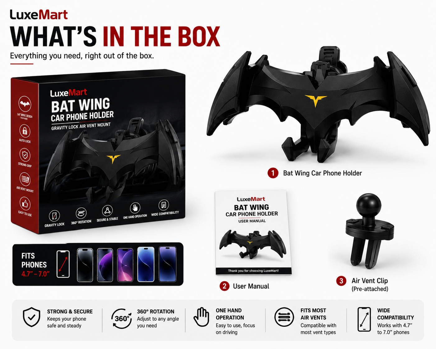 LuxeMart Bat Wing Car Phone Holder – Gravity Air Vent Mount for Smartphones