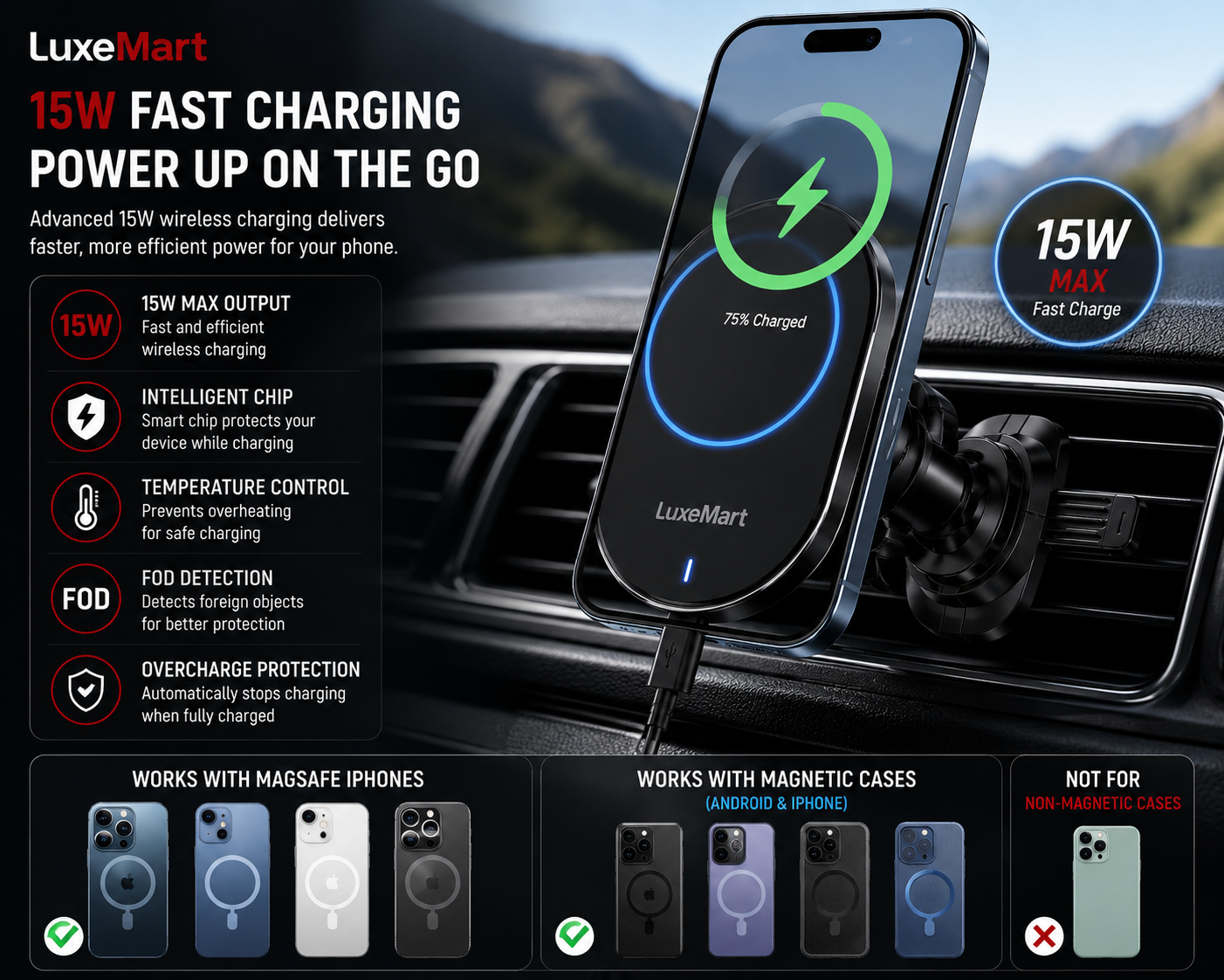 LuxeMart 15W Magnetic Wireless Car Charger – Fast Charging Magnetic Mount for iPhone & Android