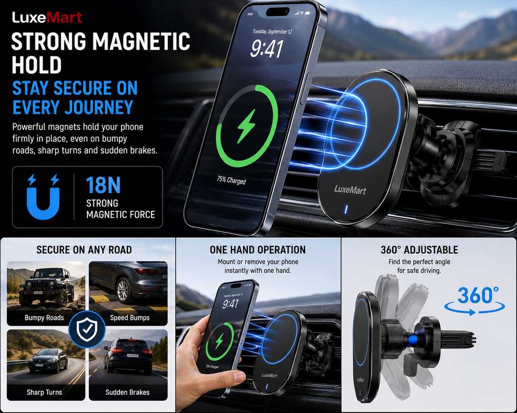 LuxeMart 15W Magnetic Wireless Car Charger – Fast Charging Magnetic Mount for iPhone & Android