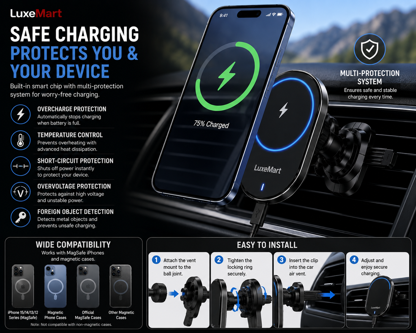 LuxeMart 15W Magnetic Wireless Car Charger – Fast Charging Magnetic Mount for iPhone & Android