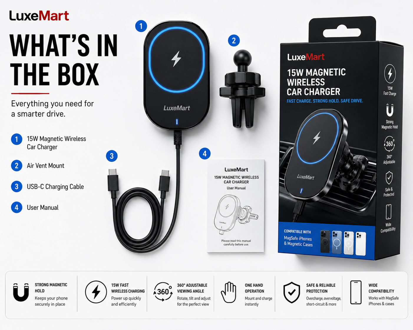 LuxeMart 15W Magnetic Wireless Car Charger – Fast Charging Magnetic Mount for iPhone & Android