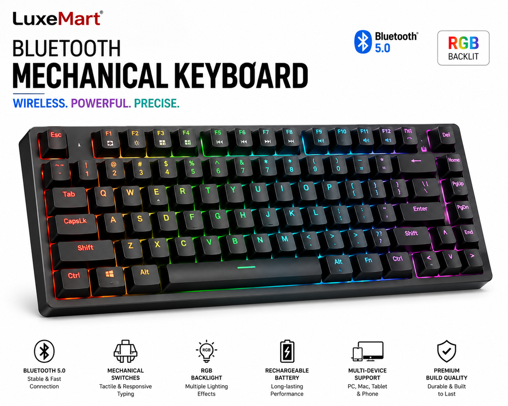 LuxeMart Bluetooth Mechanical Keyboard – Wireless RGB Rechargeable Keyboard for PC, Mac, Tablet & Phone